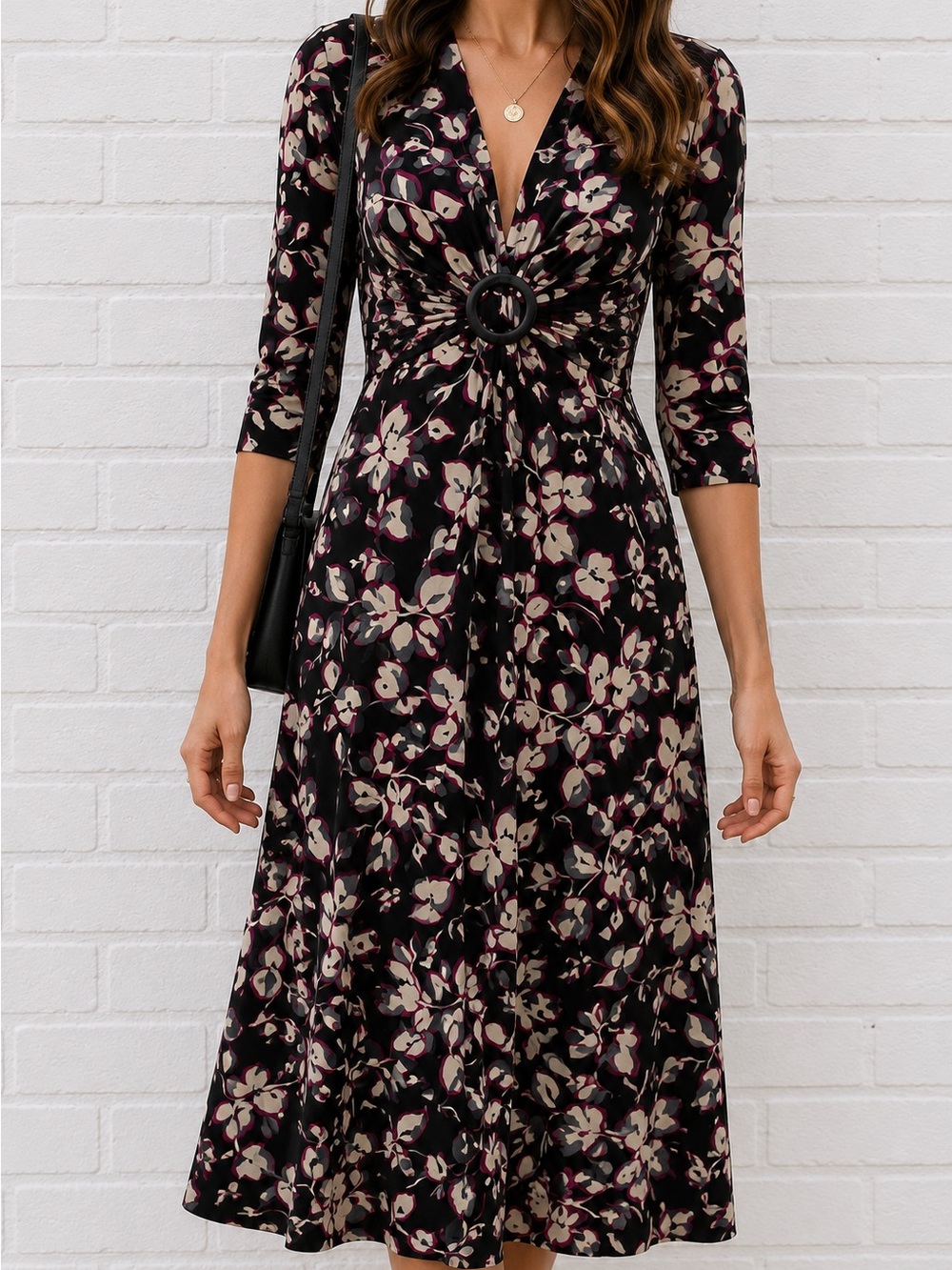 Vintage Evan Picone Dress Size 8 V Neck 3/4 Sleeve Midi Career Minimalist
